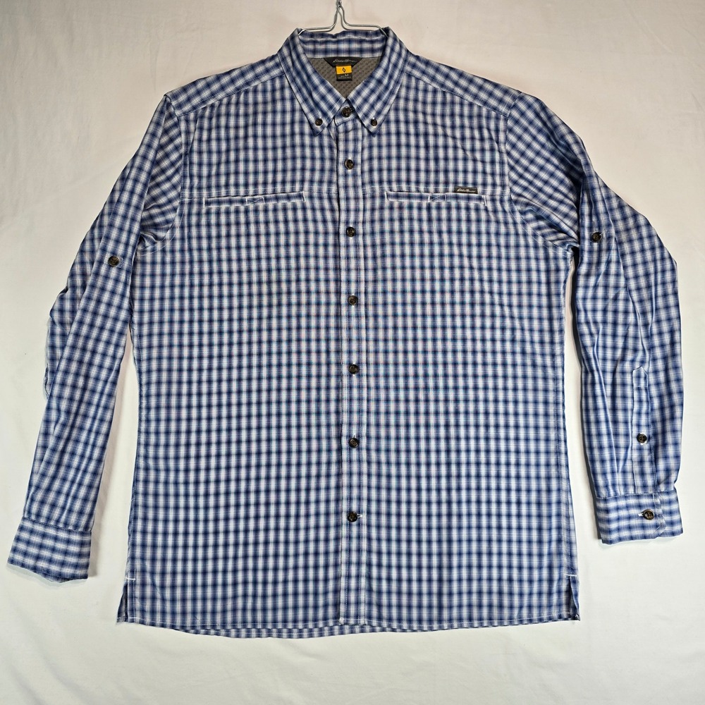 Eddie Bauer Mens Blue Plaid Roll Tab Sleeve Hiking Shirt Medium D1567210